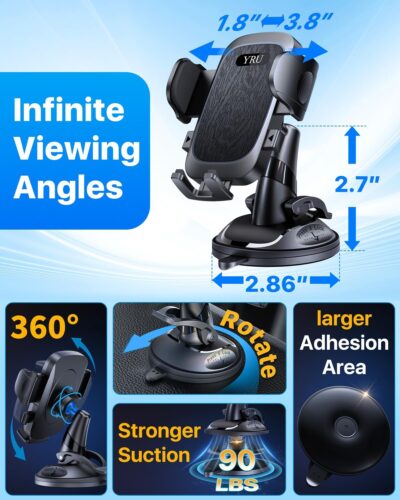 [Military-Grade Anti-Shake & 360° Rotatable Suction] 2026 Upgraded Car Phone Holder Mount【90+LBS Safest Strongest & Patent Certs】Dashboard Windshield Vent for iPhone 17 16 Pro Max Samsung,Matt Black - Image 9