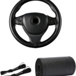 Kewucn Genuine Leather Steering Wheel Cover, 15" Universal Car Steering Wheel Protector with Needle Thread, Breathable Anti-Slip Steering Wheel Cover DIY Stitch on Wrap (Black, Full Hole)