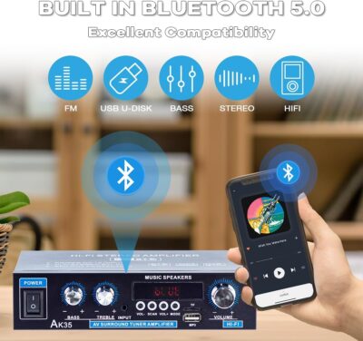 AK35 Bluetooth 5.0 Stereo Amplifier, 2.0 Channel Mini Audio Receiver, 30Wx2 Home HiFi Audio Amp with Bass/Treble Control for Home Theater, TV, Speakers, Car - Image 2