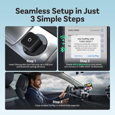 OTTOCAST Mini Slim, 2026 Upgrade 2in1 Wireless CarPlay & Android Auto Adapter, Plug & Play, WLAN Dual-Band 2.4G+5G, Auto Reconnect, Compatible with After 2016 Cars with Wired CarPlay/Android Auto - Image 3