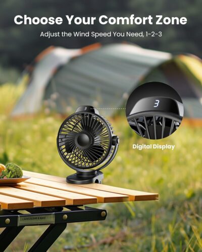 Koonie Portable Clip On Fan, Small Rechargeable Battery Operated, 3 Speed Mini clamp Fan With LED Display, 360° Rotate Personal Cooling Desk Fan for Stroller Bed Travel Camping Golf Gym - Image 3