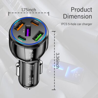 Upgraded Car Charger USB C with 5 Port,75W Cigarette Lighter Adapter with Type-C & QC 3.0 Ultra Fast Charging Port,Universal Car Charger Adapter for Navigator,Dash Cam (Black) - Image 2