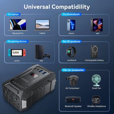 400W Car Power Inverter DC 12V to 110V AC Inverter with PD 30W/15W USB C+2*USB A Ports & 2 AC Outlets, Car Plug Adapter Outlet for Laptop/Phone/Road Trip - Image 7