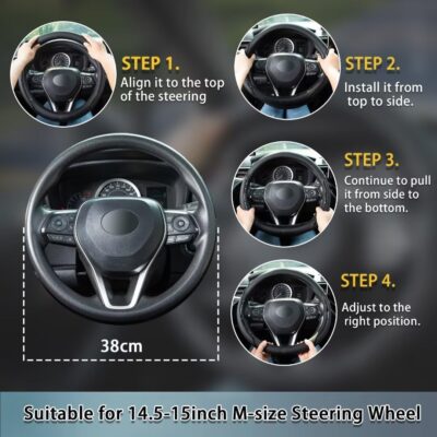 Steering Wheel Cover Black, Carbon Fiber Car Steering Wheel Covers with Coasters Universal 14.5-15 inch Leather Microfiber Breathable Anti-Slip Steering Wheel Accessories Set - Image 5