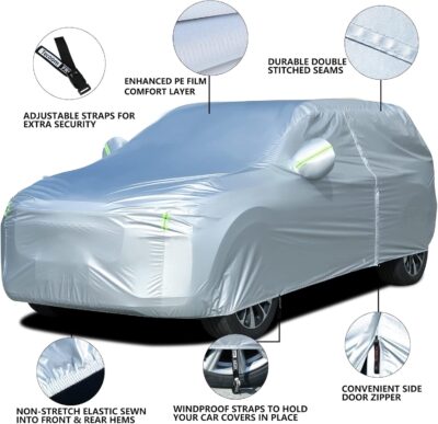 Tecoom Light Shell Breathable Material Classic Zipper Design Waterproof UV-Proof Windproof Car Cover for All Weather Outdoor Fit 170-190 inches SUV Fit for Tesla Model Y Toyota RAV4 Nissan Rogue etc - Image 4