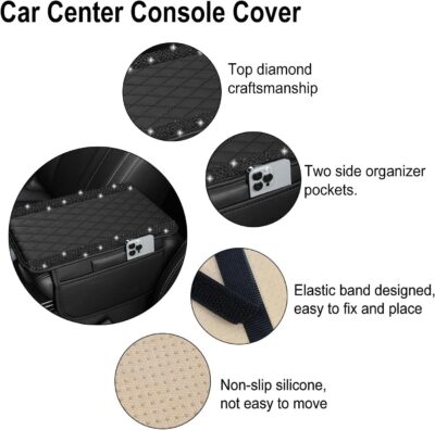 NBTEPEM Bling Car Center Console Cover, Leather Car Arm Rest Cover Cushion with 2 Storage Bags, Universal Automotive Armrest Protector Storage Box, Bling Accessories Interior for Most Vehicles (Black) - Image 3