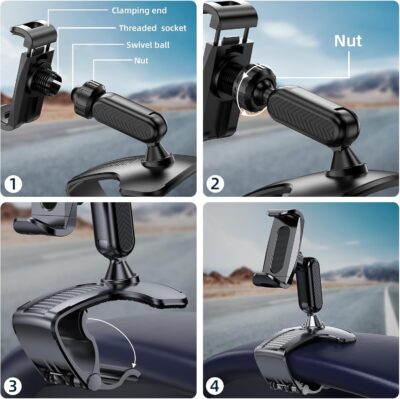Car Phone Holder Mount for Dashboard 360 Degree Rotation Multifunctional Cell Phone Clip Design Phone Mount Compatible with 4-7 inch Smartphones (Black) - Image 3