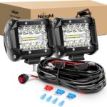 Nilight LED Light Bar 2PCS 60W 4 Inch Flood Spot Combo LED Work Light Pods Triple Row Work Driving Lamp with 12 ft Wiring Harness kit - 2 Leads