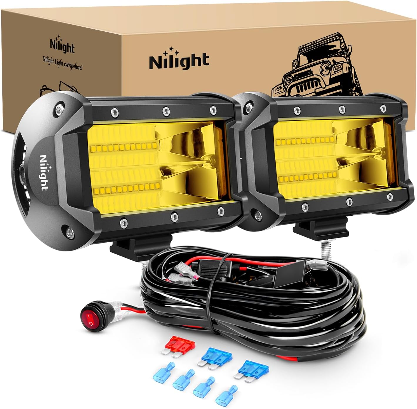 71vsiKnrh3L._AC_SL1500_.jpg Nilight - ZH304 Led Light Bar 2PCS 5Inch 72W 10800Lumens Yellow Flood Beam Fog Driving Lamps Off-Road Lights with 16AWG Wiring Harness Kit-2 Lead, 2 Year warranty - Image 1