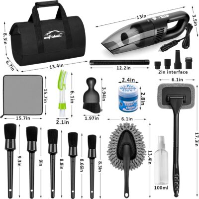 AUTODECO Car Cleaning Kit, Car Vacuum Interior Detailing Cleaner Kit with High Power Handheld Vacuum, Brush Set, Windshield Tool, Duster, Towels, Complete Car Care Tools for Women (Black) - Image 7