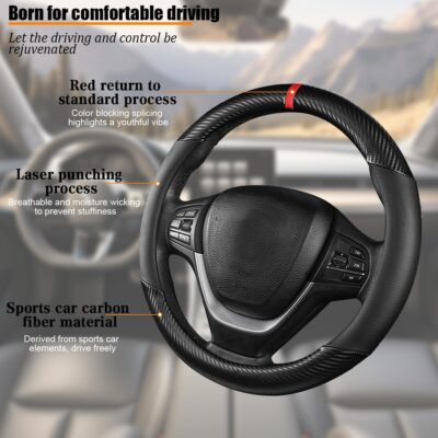 Carbon Fiber Car Steering Wheel Cover, Leather Breathable Automotive Wheel Protector, 15 Inch Anti-Slip Vehicle Interior Steering Accessories, Universal for SUV Truck Sedan (Black) - Image 2