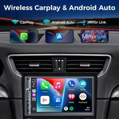 Double Din Car Stereo with 7" HD Touchscreen, Wireless Apple Carplay & Android Auto, Bluetooth, 240W, SWC, Subwoofer Output, Mirror Link, FM/AM Car Radio Receiver, Backup Camera - Image 2