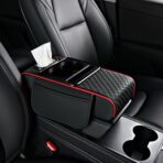 Center Console Cover,Car Armrest Cushion Multifunctional with 2 Storage Bags Cup Holder,Phone Slot,Tissue Box Slot for Most Cars Accessories Interior Organizers-Black+Red 13.8x7.9 in