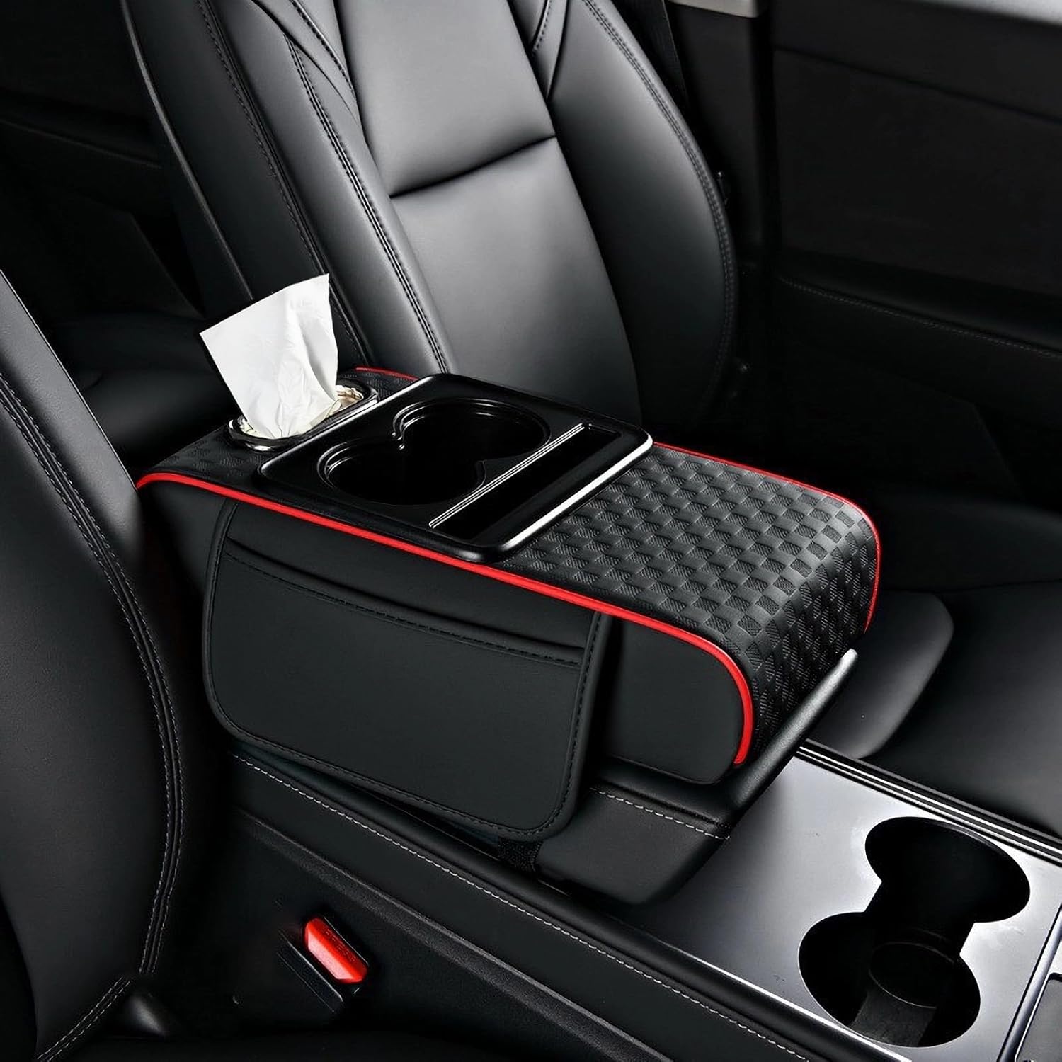 71w7x1vWxVL._AC_SL1500_.jpg Center Console Cover,Car Armrest Cushion Multifunctional with 2 Storage Bags Cup Holder,Phone Slot,Tissue Box Slot for Most Cars Accessories Interior Organizers-Black+Red 13.8x7.9 in - Image 1