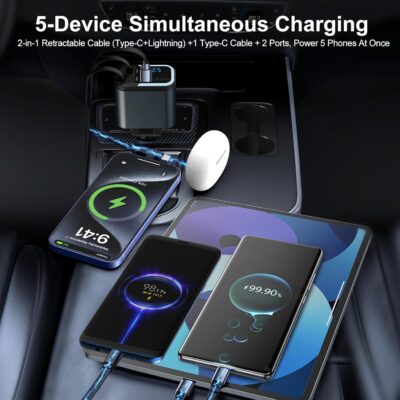 5-in-1 120W 30-Minutes Fast Flash Charging Retractable Car Charger, Wireless Bluetooth FM Transmitter, Type-C+USB-A Car Charger Adapter, Compatible with iPhone 17/16/15/14/13 Pro Max & Android Devices - Image 4