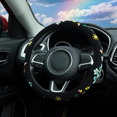Embroidered Floral Bee Cute Black Steering Wheel Cover, Auto Anti-Slip Breathable Steering Wheel Protector,Floral Car Accessories for Women,Universal Size Fit Most Cars -15 inch - Image 2