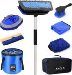 62'' Car Wash Brush with Long Handle, Scratch-Free Car Wash Mop Kit with Car Wash Bucket, Wheel Tire Brush, Wash Mitt Towel, Windshield Squeegee, Car Cleaning Brush Kit for Cars RV Truck Boat