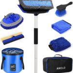 62'' Car Wash Brush with Long Handle, Scratch-Free Car Wash Mop Kit with Car Wash Bucket, Wheel Tire Brush, Wash Mitt Towel, Windshield Squeegee, Car Cleaning Brush Kit for Cars RV Truck Boat