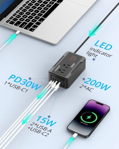 200W Car Power Inverter DC 12V to 110V AC Converter with [PD 30W & 15W] Fast Charging USB C/3.0A Dual USB Charging Ports, Car Outlet Adapter for Phone, Laptop on Road Trip (Black) - Image 2