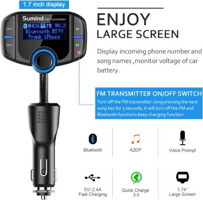 Sumind 2026 Upgraded Wireless Bluetooth Car Adapter FM Transmitter, 1.7'' LCD Display, Flexible Gooseneck, 20W QC3.0&Dual USB Ports, AUX Input/Output for Hands-Free Call, Micro /TF Card(Black,Normal) - Image 3