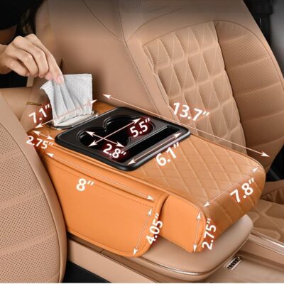 Car Armrest Cushion,5-in-1 Center Console Cover with 2 Storage Bags Cup Holder, Tissue Box Slot, Phone Slot for Sedans, Car Accessories Interior Organizers (Black red) - Image 3
