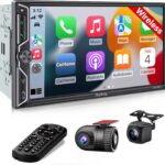 SJoyBring [QLED Screen Upgrade] 7" Double Din Car Stereo with Dash Cam, Wireless Apple CarPlay and Android Auto, Bluetooth, 240W 4.2-Channel Audio Output, MirrorLink, Backup Camera, AM/FM Car Radio