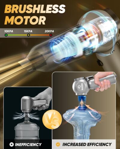 Saker Car Vacuum Portable 6-in-1 Handheld Cordless Vacuums, 20000PA Suction, 7800mAh Blower, Window Breaker, Seatbelt Cutter for Car, Home & Office Cleaning SW102 Silver - Image 2