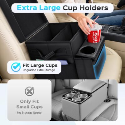 Foldable Bench Seat Center Console, Car Armrest Organizer Box with 2 Large Cup Holders & Massive Storage, Universal Portable Trunk Console Arm Rest for Car/Truck/Van/SUV Rear Organizers Back Seat - Image 5