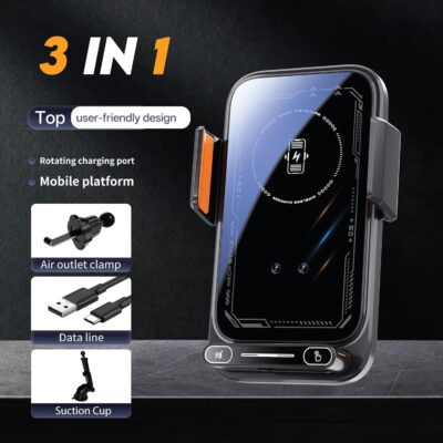 15W Wireless Car Charger & Auto Rotating Car Phone Holder MagSafe Compatible with LED Lights, Gesture Control Clamping, Auto Arm Opening, Built-In Battery, Dual Mount Options for Vent or Dashboard - Image 2