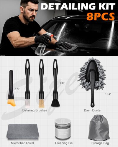 8PCS Car Detailing Brush Set, Interior Car Cleaning Kit with Dash Duster, 4 Detailing Brushes (Soft to Hard), Microfiber Towel, Cleaning Gel, for Vents, Dashboard & Leather Seats - Image 6