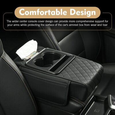 Car Armrest Cushion, Leather Waterproof Center Console Cover, 5-in-1 Arm Rest Cover with Storage Box, Cup Holder, Tissue Box, Phone Slot, Universal for Most Cars (Black) - Image 7