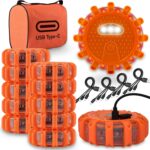 Ecoangel USB-C Rechargeable LED Road Flares Emergency Lights-Large Capacity (Lithium Battery) 3 in 1 Cable Roadside Warning Car Safety Beacon Flashing Disc Flare Kit with Magnetic Base for Vehicles
