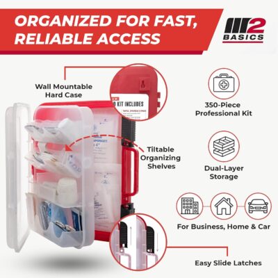 M2 BASICS Professional 350 Piece First Aid Kit, Wall Mountable Dual Layer Hard Case for Business, Home, Car, Vehicle & Work - Image 2