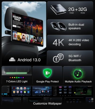 15.6inch Android 13 Headrest Monitor Car TV Touchscreen Entertainment System for Backseat,Support Phone Wireless Mirroring Sync Screen HDMI Bluetooth USB SD 4K Video Playback (2G+32G(2PCS)) - Image 3