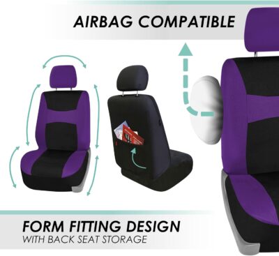 FH Group Light & Breezy Cloth Full Set Car Seat Covers (Purple/Black) Combo Set: Steering Wheel Cover, Seat Belt Pads and Black Vinyl Floor Mats – Universal Fit for Cars Trucks & SUVs - Image 5