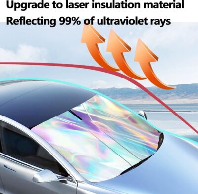 Windshield Sun Shade, car Front Windshield Sunshade with Mirror V-Cut, Foldable Front Car Sun Shield, Automotive Interior Sun Protection Fits Passenger Car, Sedans, SUV (Dazzling Laser) - Image 2
