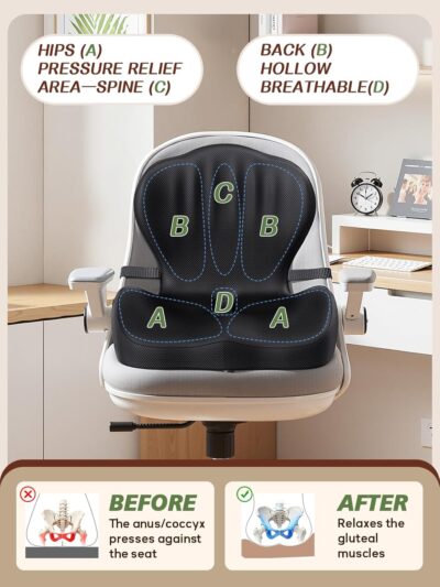 Benazcap Memory Foam Seat Cushion with Lumbar Support Pillow for Office Chair, Car & Gaming Seat, Wheelchair, Ergonomic Design for Sciatica & Tailbone Pressure Relief, Black - Image 3