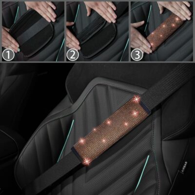 NBTEPEM 12 Pcs Bling Car Accessories Set for Women Car Floor Mats Full Set Steering Wheel Cover Seat Belt Covers Coasters Universal Fit Car SUV Truck Van Gold - Image 5