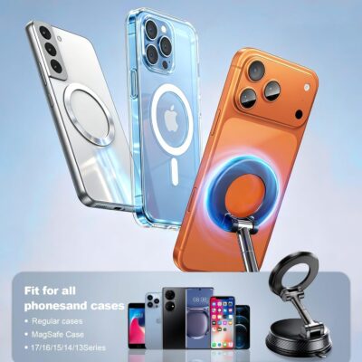 Black Magnetic Phone Holder for Car, Vacuum Suction & 3000gf Magnet, 360° Adjustable Dashboard Mount, Compatible with iPhone & Android - Image 7