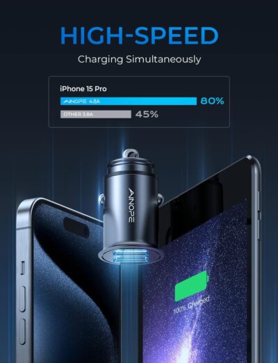 AINOPE Car Charger Adapter【Smallest Metal】 4.8A Cigarette Lighter USB Car Charger Adapter Dual Port 12V USB Outlet Flush Fit for iPhone 16 Pro Max/15/14 iPad Air Samsung Galaxy S25 S24 Ultra,Black - Image 4