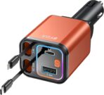 4 in 1 Retractable Car Charger with Starry Light,69W Cigarette Lighter Charger,USB C Fast Car Charger for iPhone 17 Pro Max 16 15 14 13 12 11 (for Apple+Type C &RGB Breathing Light [Orange])