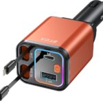 4 in 1 Retractable Car Charger with Starry Light,69W Cigarette Lighter Charger,USB C Fast Car Charger for iPhone 17 Pro Max 16 15 14 13 12 11 (for Apple+Type C &RGB Breathing Light [Orange])