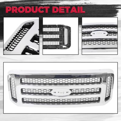 HECASA Front Grille Compatible with 2005-2007 Ford F250 F350 F450 F550 SuperDuty FO1200456 5C3Z8200BAA Upper Bumper Hood Grill W/Gray Honey Comb Chrome - Image 6