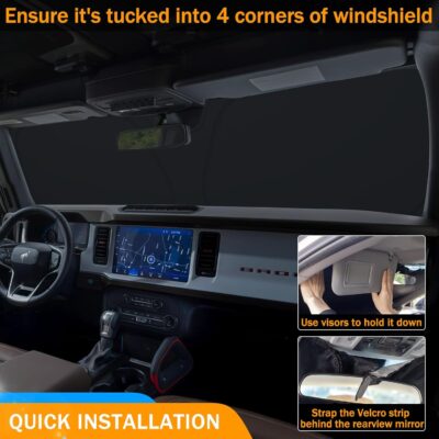 TOPINSTALL Foldable Windshield Sunshade Compatible with Ford Bronco 2/4-Door 2021-2026, Front Window Sun Protector with Storage Pouch Thicker Reflective Polyeste (Not for Sport Model) - Image 2