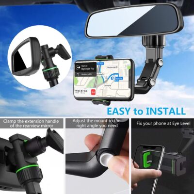 PKYAA Rearview Mirror Phone Mount Holder for Car, 360° Rotating , Multifunctional Mount Phone and GPS Holder Universal Car Phone Holder for All Smartphones - Image 5