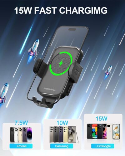 Wireless Car Charger,15W Fast Charging Auto Clamping Phone Holders for Your Car Compatible with iPhone 16/15/14/13, for Samsung Galaxy S24 Ultra S23 S22 S21, S20, S10+ - Image 4
