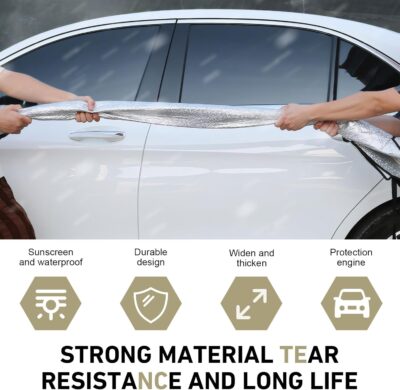Car Cover Waterproof All Weather, Outdoor Hood Protection, Foldable Protective Shield with Windproof Fixed Strap, Universal Car Snow Cover (Silver) - Image 4
