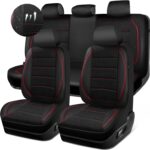 CAR PASS Mesh Leather Car Seat Covers Full Set,Breathable Mesh Faux Leather Seat Covers for Car, Universal Fit for SUV Truck Sedan Automotive, Airbag Compatible, Black and Red