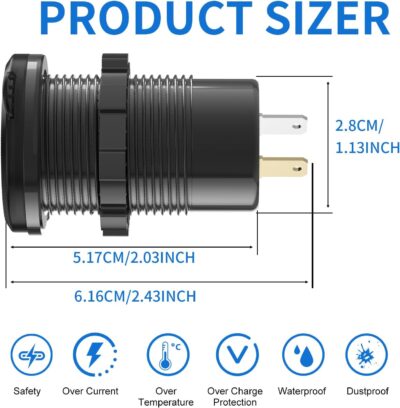 12V USB Outlet 3 Port Car Charger Socket, 78W Dual PD USB C 30W and Quick Charge3.0 Port Aluminum Charger Waterproof with Voltmeter and Button Switch for Boat Marine Motorcycle RV Truck Golf Cart, etc - Image 6