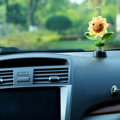 Levvohd Sunflower Car Accessories Dashboard Decorations, Crochet Smiley Shaking Sun Flowers Bobblehead Cars Decor for Women, for Cute Girl Interior Desk Ornaments Gifts (H 5.2 in) - Image 4